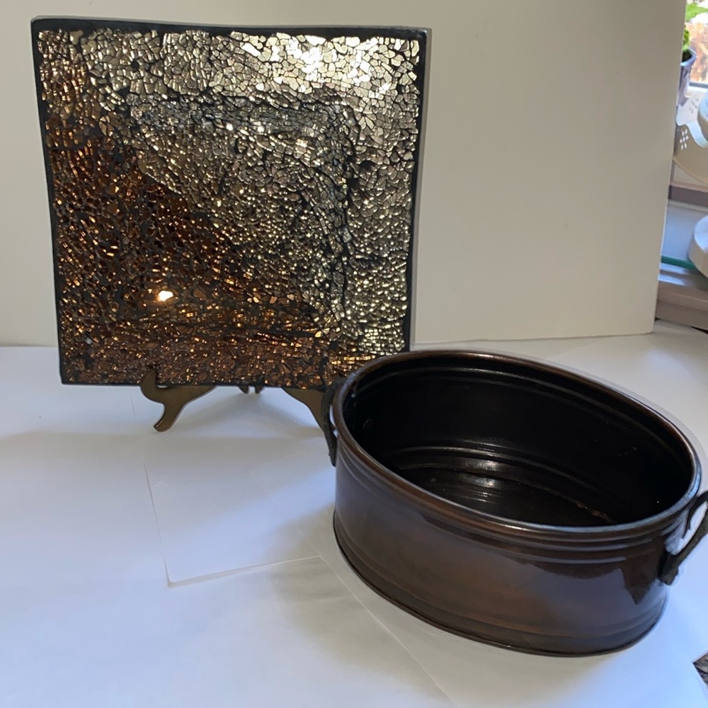 Metallic mercury glass crackle decorative plate and burnished brass planter